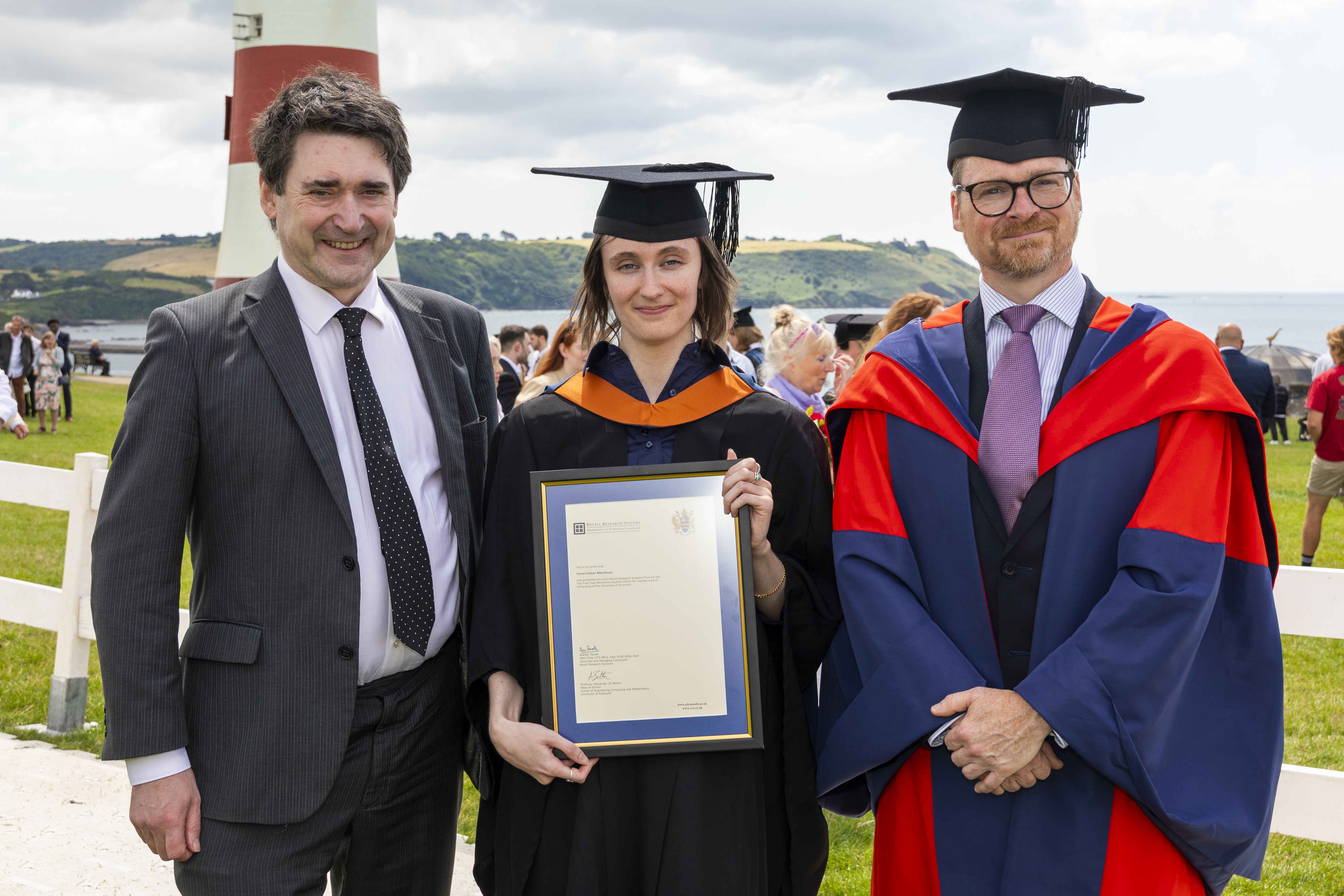 Taren Collyer with Alastair Revell (left) and Professor Alexander Belton (right) at her graduation in 2024.